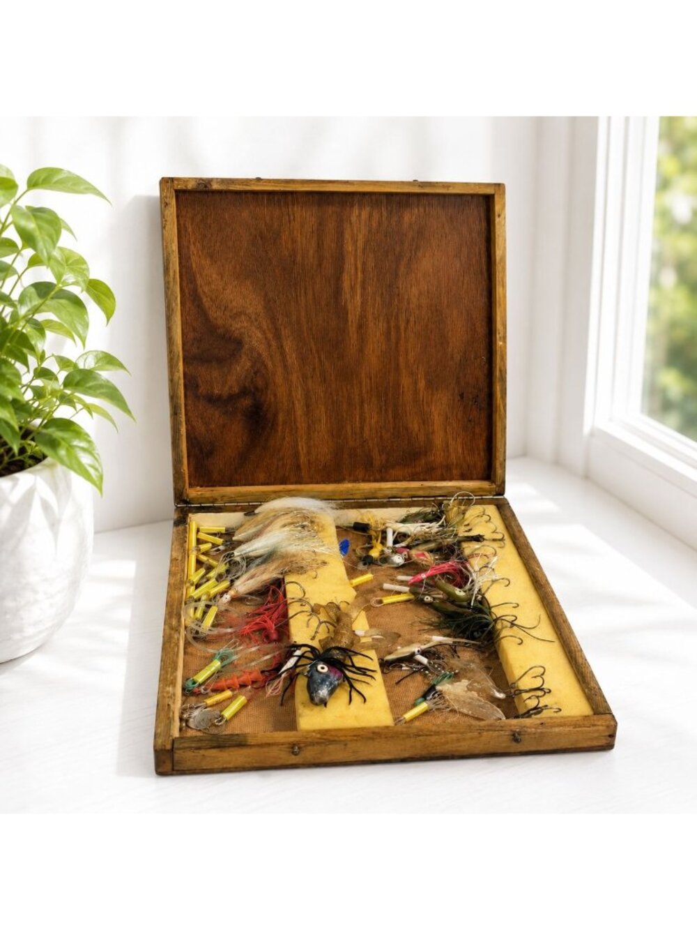 Vintage Wooden Fishing Tackle Box With Assorted Lures & Hooks - Rustic Display O